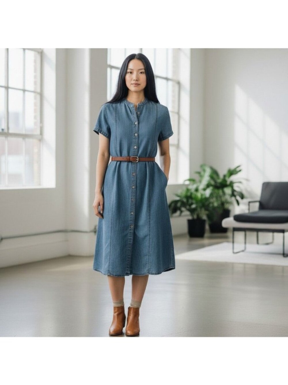 Bandolino Womens Denim Button-Front Midi Dress Belted Short Sleeves XL